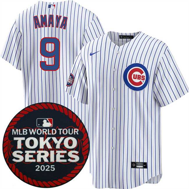 Mens Chicago Cubs #9 Miguel Amaya White 2025 World Tour Tokyo Series Home Stitched Jersey Dzhi